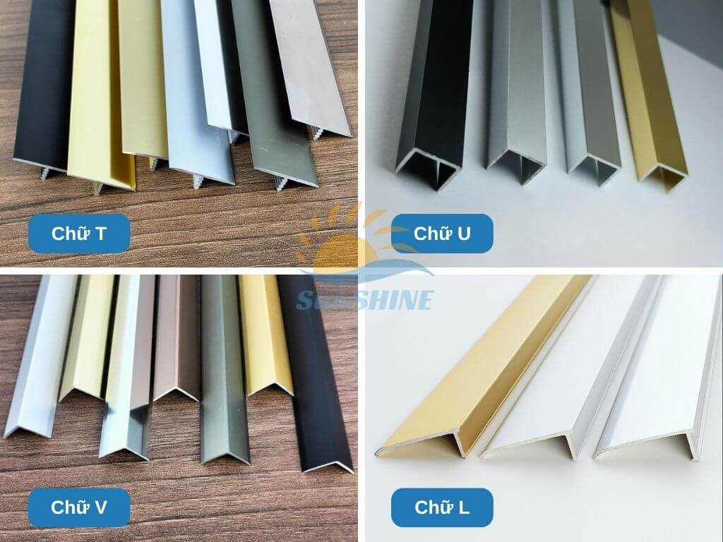 Các kiểu nẹp nhôm theo hình dạng: nẹp chữ T, nẹp chữ U, nẹp chữ V và nẹp chữ L, thường dùng trong trang trí nội thất và ốp lát.