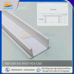 Nẹp chỉ âm trát vữa- U20- mặt cắt cận cảnh, có độ rộng 20mm.