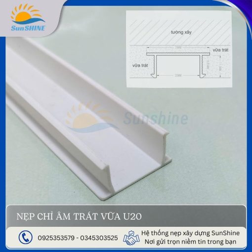 Nẹp chỉ âm trát vữa- U20- mặt cắt cận cảnh, có độ rộng 20mm.