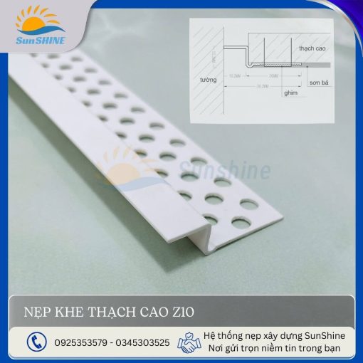 Nẹp khe trần thạch cao Z10- mặt cắt cận cảnh. Dùng để gia cố mối nối góc trần/ vách thạch cao
