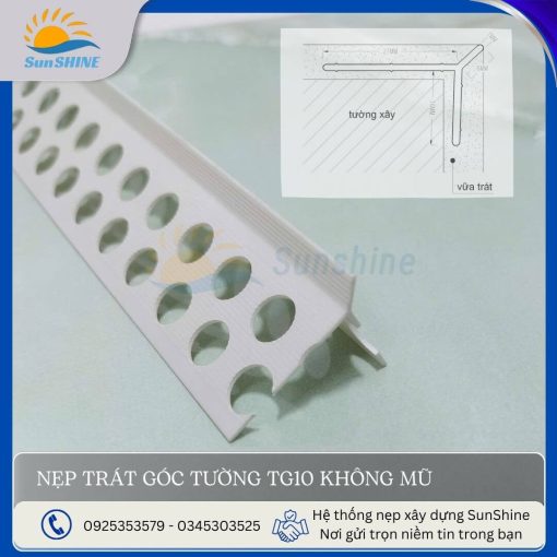Nẹp trát góc tường TG10 không mũ- mặt cắt cận cảnh dùng cho các góc và cạnh tường.
