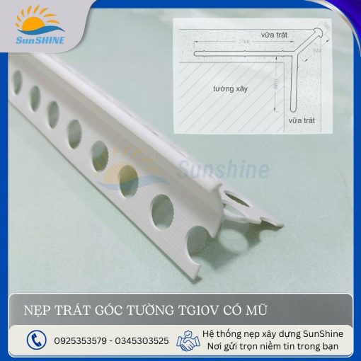 Nẹp trát góc tường TG10 có mũ- mặt cắt cận cảnh dùng cho các góc và cạnh tường.
