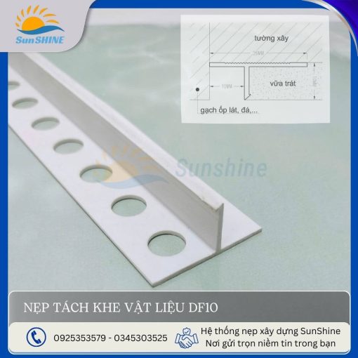 Nẹp tách khe vật liệu DF10- mặt cắt cận cảnh dùng để tách khe giữa các vật liệu.
