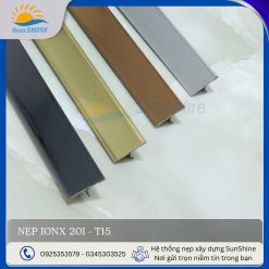 Nẹp Inox 201 bản T15 - Tổng hợp màu sắc trắng gương, vàng gương, đen gương, vàng hồng. Kích thước 15mm x 06mm x 0.3mm.