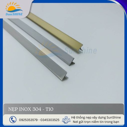 Nẹp Inox 304 T10 - Các màu sắc trắng gương, trắng xước, vàng gương. Kích thước 10mm x 5mm. Dùng để xử lý khe giãn cách giữa các vật liệu.