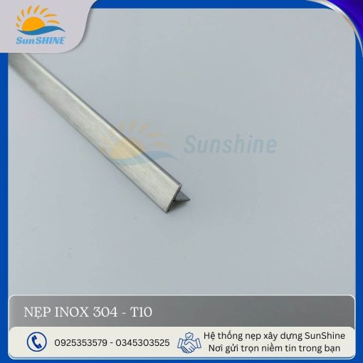 Nẹp Inox 304 T10 màu trắng xước. Kích thước 10mm x 5mm. Dùng để xử lý khe giãn cách giữa các vật liệu.
