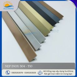 Nẹp Inox 304 T10 - Tổng hợp màu sắc trắng gương, trắng xước, vàng gương, vàng hồng gương, vàng xước, vàng hồng xước. Kích thước 10mm x 5mm.
