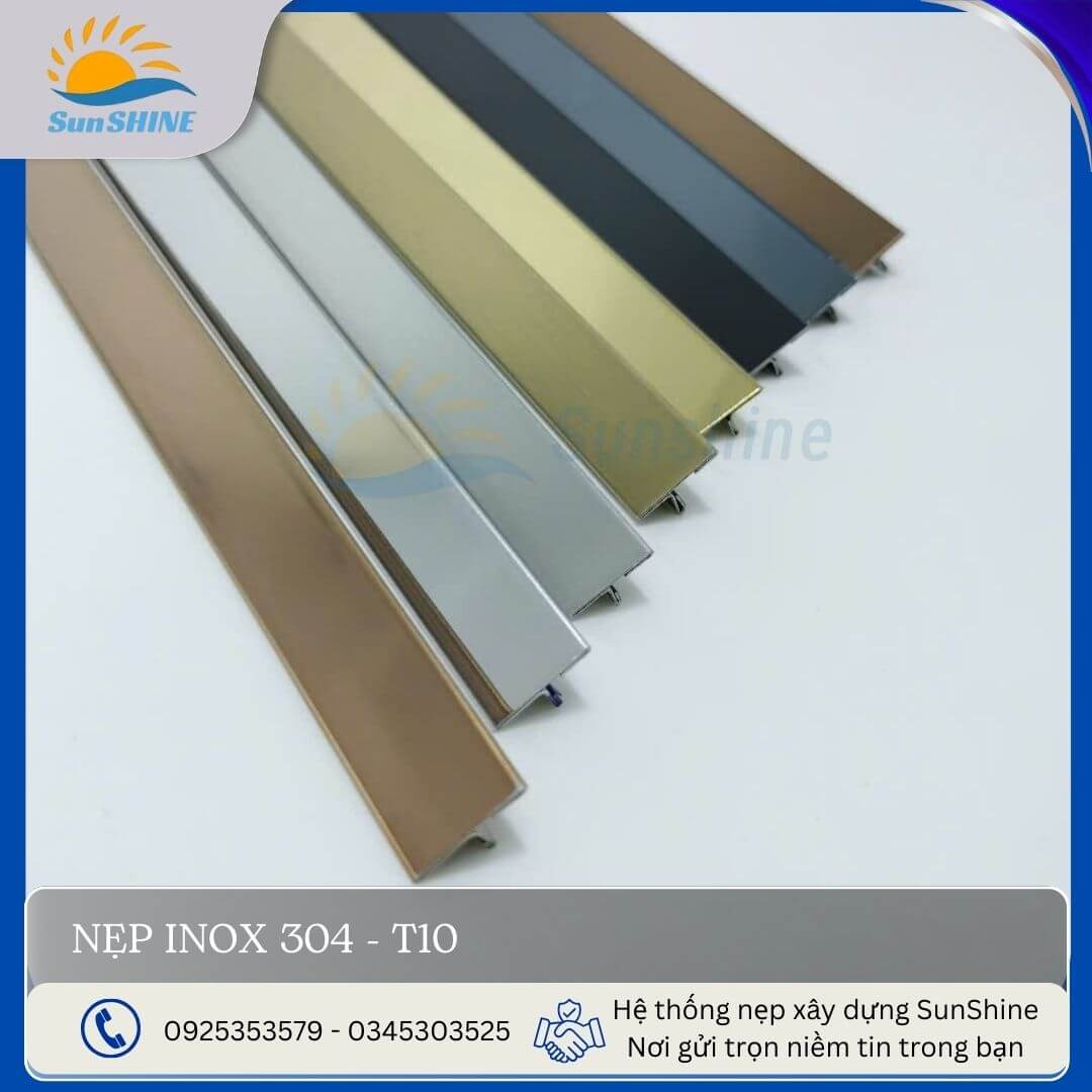 Nẹp Inox 304 T10 - Tổng hợp màu sắc trắng gương, trắng xước, vàng gương, vàng hồng gương, vàng xước, vàng hồng xước. Kích thước 10mm x 5mm.