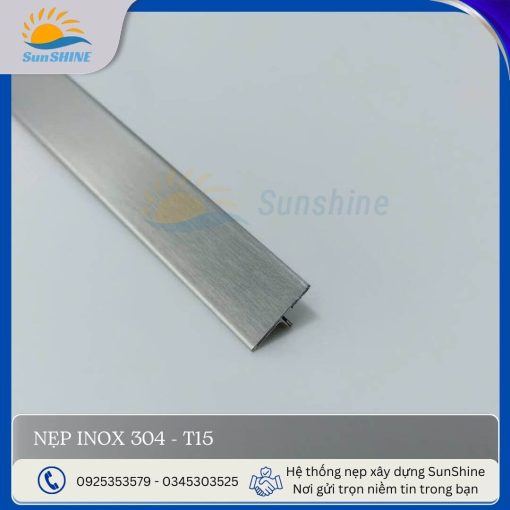 Nẹp Inox 304 T15 màu trắng xước. Kích thước 15mm x 5mm. Dùng để xử lý khe giãn cách giữa các vật liệu.