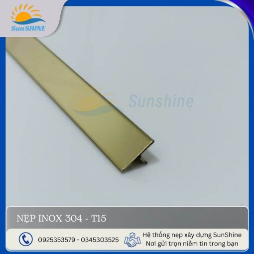 Nẹp Inox 304 T15 màu vàng gương. Kích thước 15mm x 5mm. Dùng để xử lý khe giãn cách giữa các vật liệu.
