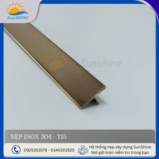Nẹp Inox 304 T15 màu vàng hồng gương. Kích thước 15mm x 5mm. Dùng để xử lý khe giãn cách giữa các vật liệu.