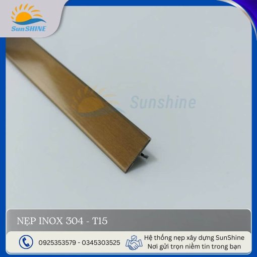 Nẹp Inox 304 T15 màu vàng hồng xước. Kích thước 15mm x 5mm. Dùng để xử lý khe giãn cách giữa các vật liệu.