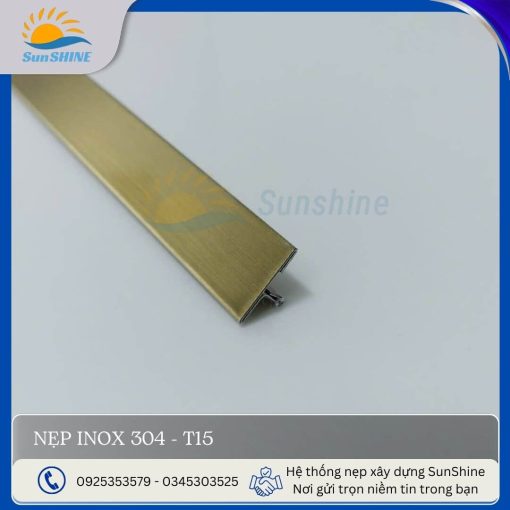 Nẹp Inox 304 T15 màu vàng xước. Kích thước 15mm x 5mm. Dùng để xử lý khe giãn cách giữa các vật liệu.