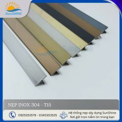 Nẹp Inox 304 T15 - Tổng hợp màu sắc trắng gương, trắng xước, vàng gương, vàng hồng gương, vàng xước, vàng hồng xước, đen xước, đen gương. Kích thước 15mm x 5mm.