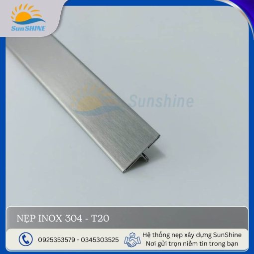 Nẹp Inox 304 T20 màu trắng xước. Kích thước 20mm x 6mm. Dùng để xử lý khe giãn cách giữa các vật liệu.