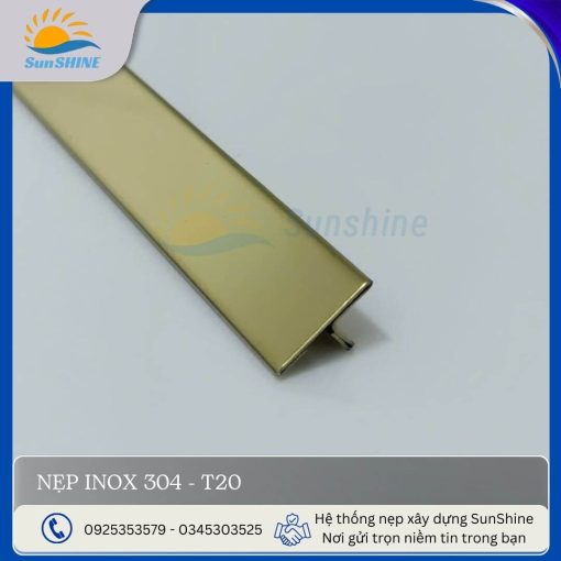 Nẹp Inox 304 T20 màu vàng gương. Kích thước 20mm x 6mm. Dùng để xử lý khe giãn cách giữa các vật liệu.