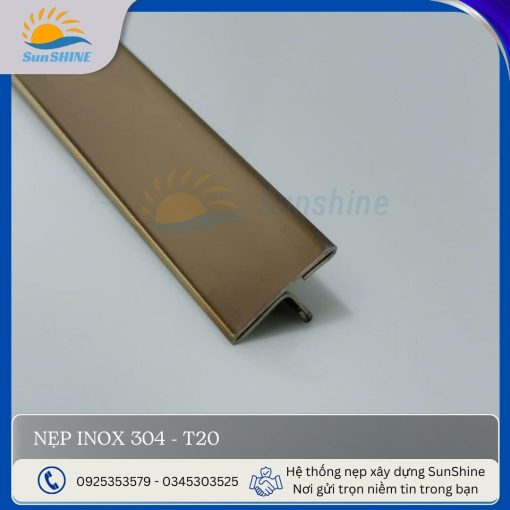 Nẹp Inox 304 T20 màu vàng hồng gương. Kích thước 20mm x 6mm. Dùng để xử lý khe giãn cách giữa các vật liệu.