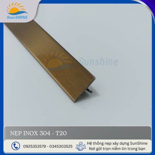Nẹp Inox 304 T20 màu vàng hồng xước. Kích thước 20mm x 6mm. Dùng để xử lý khe giãn cách giữa các vật liệu.