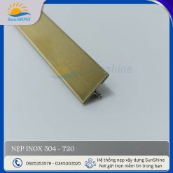 Nẹp Inox 304 T20 màu vàng xước. Kích thước 20mm x 6mm. Dùng để xử lý khe giãn cách giữa các vật liệu.