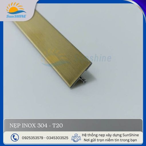 Nẹp Inox 304 T20 màu vàng xước. Kích thước 20mm x 6mm. Dùng để xử lý khe giãn cách giữa các vật liệu.