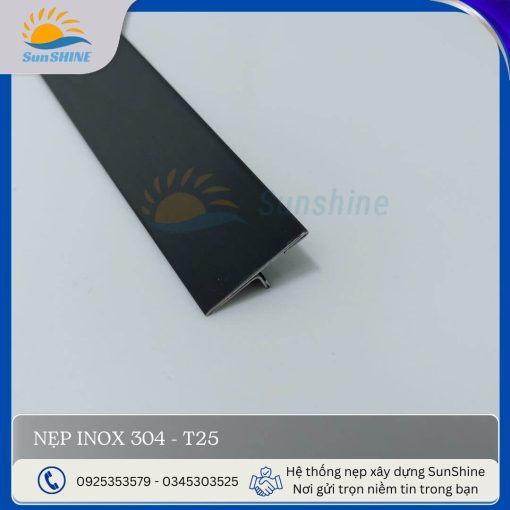 Nẹp Inox 304 T25 màu đen. Kích thước 25mm x 8mm. Dùng để xử lý khe giãn cách giữa các vật liệu.