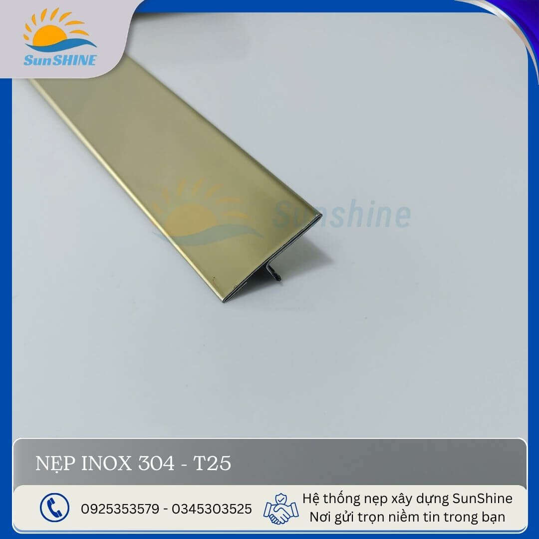 Nẹp Inox 304 T25 màu vàng gương. Kích thước 25mm x 8mm. Dùng để xử lý khe giãn cách giữa các vật liệu.