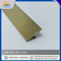 Nẹp Inox 304 T25 màu vàng xước. Kích thước 25mm x 8mm. Dùng để xử lý khe giãn cách giữa các vật liệu.