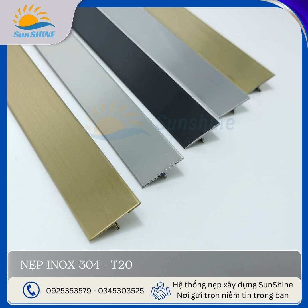 Nẹp Inox 304 T20 - Tổng hợp màu sắc trắng gương, trắng xước, vàng gương, vàng xước, đen. Kích thước 20mm x 6mm.