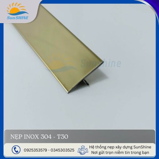 Nẹp Inox 304 T30 màu vàng gương. Kích thước 30mm x 8mm. Dùng để xử lý khe giãn cách giữa các vật liệu.