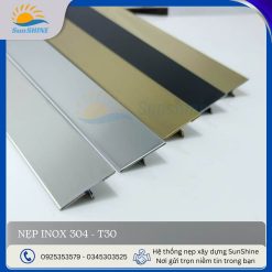 Nẹp Inox 304 T30 mm - Tổng hợp màu sắc vàng xước, trắng xước, đen. Kích thước 30mm x 8mm.