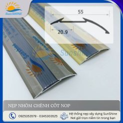 Nẹp nhôm chênh cốt NOP màu vàng mờ, bạc mờ, sâm banh mờ. Kích thước rộng 55mm. Dùng để chống trơn trượt ở vị trí lệch cốt sàn.