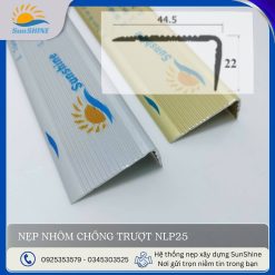 Nẹp nhôm chống trượt NPL25 màu nhôm, vàng mờ. Kích thước rộng 44.5mm x cao 22mm. Dùng để chống trượt mũi bậc cầu thang.
