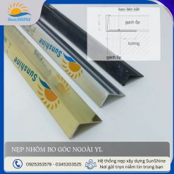 Nẹp nhôm góc gạch YL màu bạc bóng, vàng bóng, bạc mờ. Kích thước rộng 23mm x cao 10.5mm và rộng 23mm x cao 13mm. Dùng để tạo viền bo góc ngoài ở các góc vuông dương.