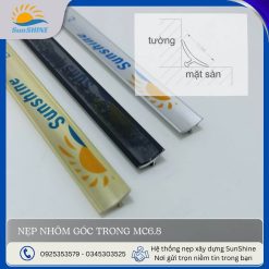 Nẹp nhôm góc trong MC6.8 màu vàng bóng, inox, đen. Kích thước ngang 12.3mm x cao 5.8m. Dùng để tạo viền bo góc trong ở các góc vuông âm.