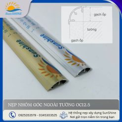 Nẹp nhôm góc tường ngoài OC12.5 màu vàng bóng, inox. Kích thước cao 12.5mm. Dùng để tạo viền và bo góc vuông dương, góc cạnh tường.