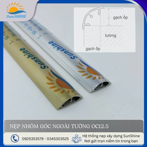 Nẹp nhôm góc tường ngoài OC12.5 màu vàng bóng, inox. Kích thước cao 12.5mm. Dùng để tạo viền và bo góc vuông dương, góc cạnh tường.