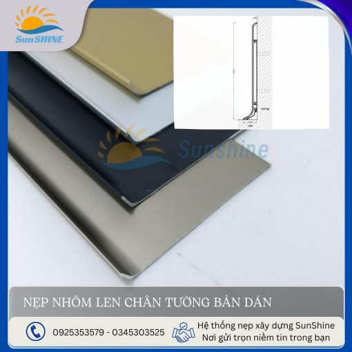 Nẹp nhôm len chân tường bản dán - Mặt cắt kỹ thuật gồm màu nhôm, đen, vàng mờ. Kích thước 80mm và 60mm. Dùng để ốp chân tường, bảo vệ chân tường.