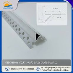 Nẹp nhôm ngắt nước mưa dưới NAN-D màu bạc mờ. Kích thước cao 29mm x rộng 24mm x độ vươn ra 9mm. Dùng để tạo đường chỉ ngắt dòng nước mưa.