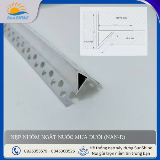 Nẹp nhôm ngắt nước mưa dưới NAN-D màu bạc mờ. Kích thước cao 29mm x rộng 24mm x độ vươn ra 9mm. Dùng để tạo đường chỉ ngắt dòng nước mưa.