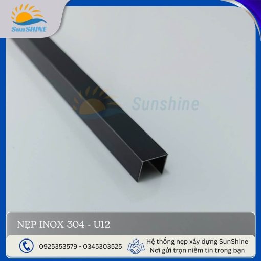 Nẹp inox 304 U12 màu đen xước, kích thước rộng 12mm x cao 10mm, dùng để xử lý khe hở, khe giãn cách giữa các vật liệu.