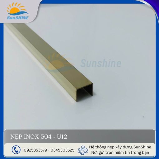 Nẹp inox 304- U12, kích thước rộng 12mm x cao 10mm. Dùng để xử lý khe hở, khe giãn cách giữa các vật liệu.