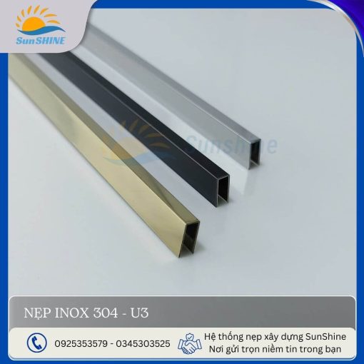 Nẹp inox 304 U3 tổng hợp màu sắc, kích thước rộng 3mm x cao 10mm, dùng để xử lý khe hở, khe giãn cách giữa các vật liệu.