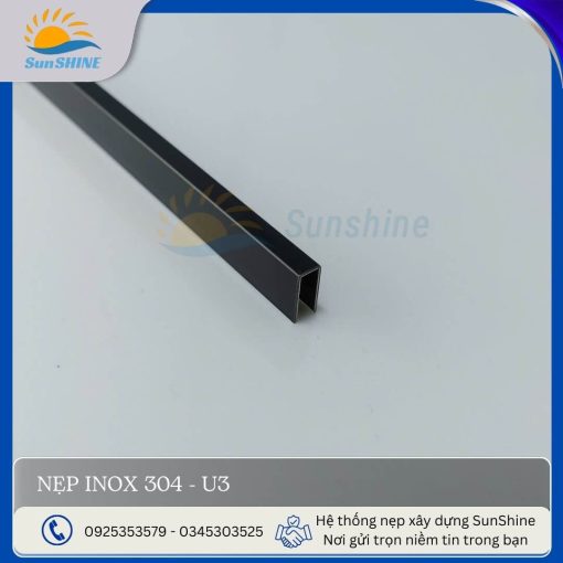 Nẹp inox 304 U3 màu đen gương, kích thước rộng 3mm x cao 10mm, dùng để xử lý khe hở, khe giãn cách giữa các vật liệu.