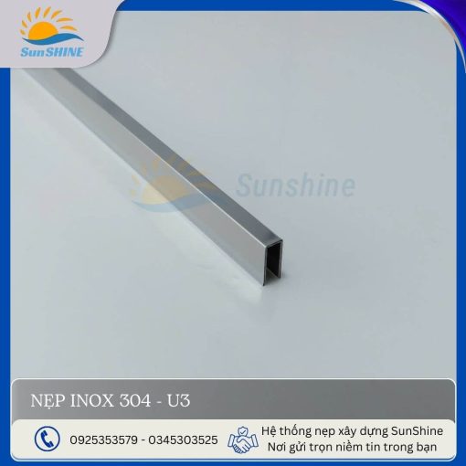 Nẹp inox 304 U3 màu trắng gương, kích thước rộng 3mm x cao 10mm, dùng để xử lý khe hở, khe giãn cách giữa các vật liệu.