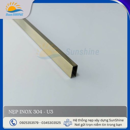 Nẹp inox 304 U3 màu vàng gương, kích thước rộng 3mm x cao 10mm, dùng để xử lý khe hở, khe giãn cách giữa các vật liệu.