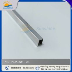 Nẹp inox 304- U6 màu trắng gương, kích thước rộng 6mm x cao 10mm, dùng để xử lý khe hở, khe giãn cách giữa các vật liệu.