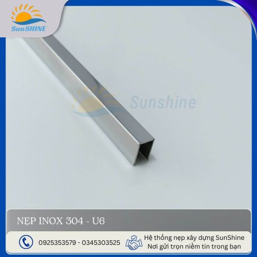 Nẹp inox 304- U6 màu trắng gương, kích thước rộng 6mm x cao 10mm, dùng để xử lý khe hở, khe giãn cách giữa các vật liệu.