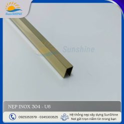 Nẹp inox 304- U6 màu vàng gương, kích thước rộng 6mm x cao 10mm, dùng để xử lý khe hở, khe giãn cách giữa các vật liệu.
