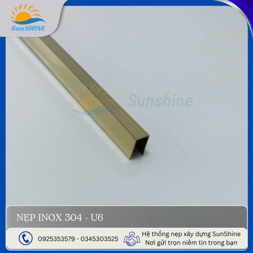 Nẹp inox 304- U6 màu vàng gương, kích thước rộng 6mm x cao 10mm, dùng để xử lý khe hở, khe giãn cách giữa các vật liệu.