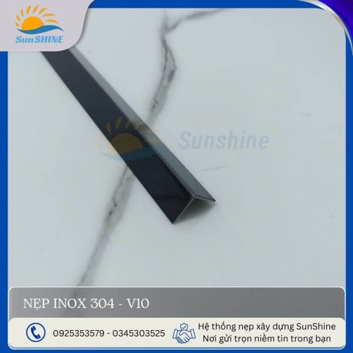 Nẹp inox 304-V10 màu đen xước, kích thước 10x10 mm, dùng trang trí góc vuông.